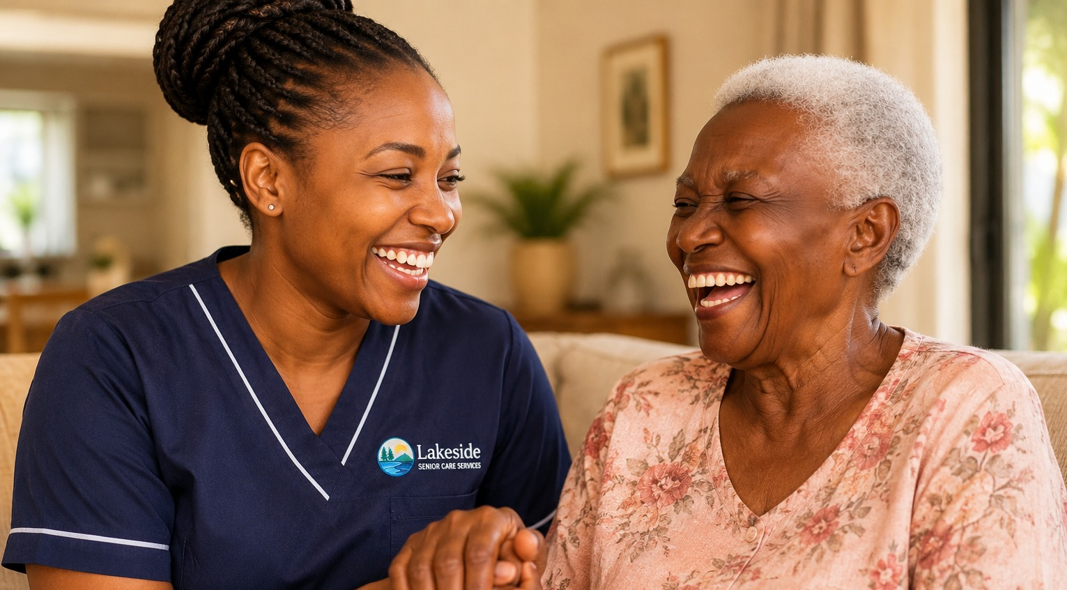 Caregiver gently holding hands with elderly woman