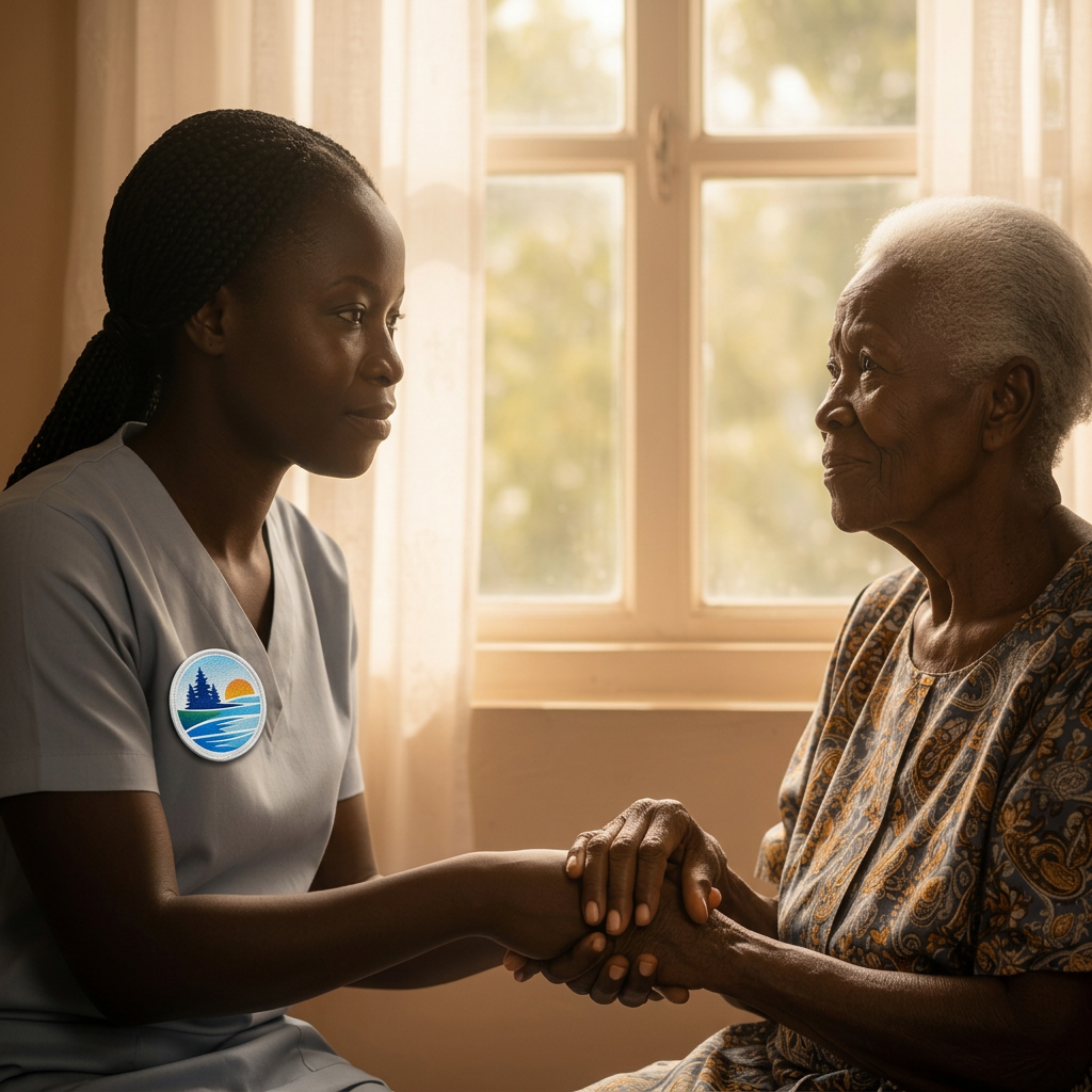 Caregiver and elderly woman holding hands in dignified moment