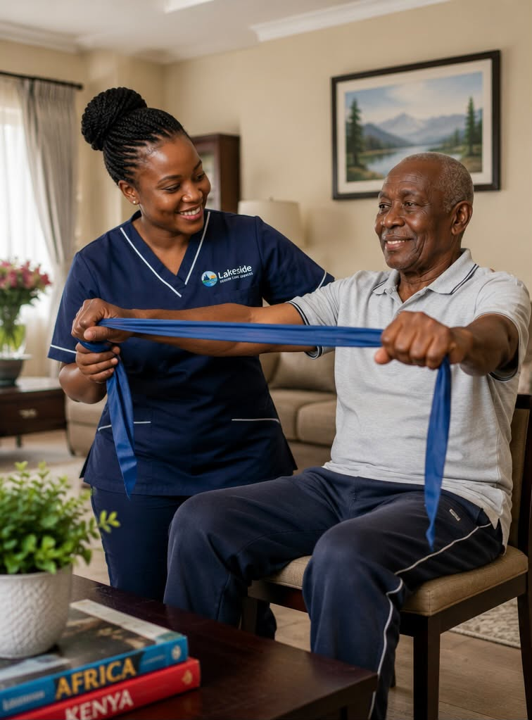 Caregiver supporting an elderly client through gentle exercise