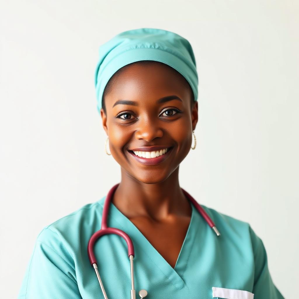 Smiling professional caregiver in teal scrubs